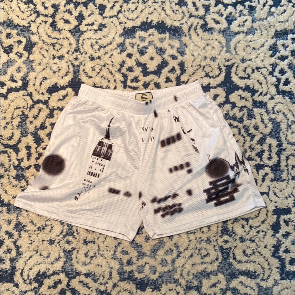 White Graphic Mesh Shorts